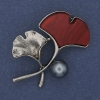 Twig Brooch, Red, Pearl, Silver-tone Metal, 48x38mm+