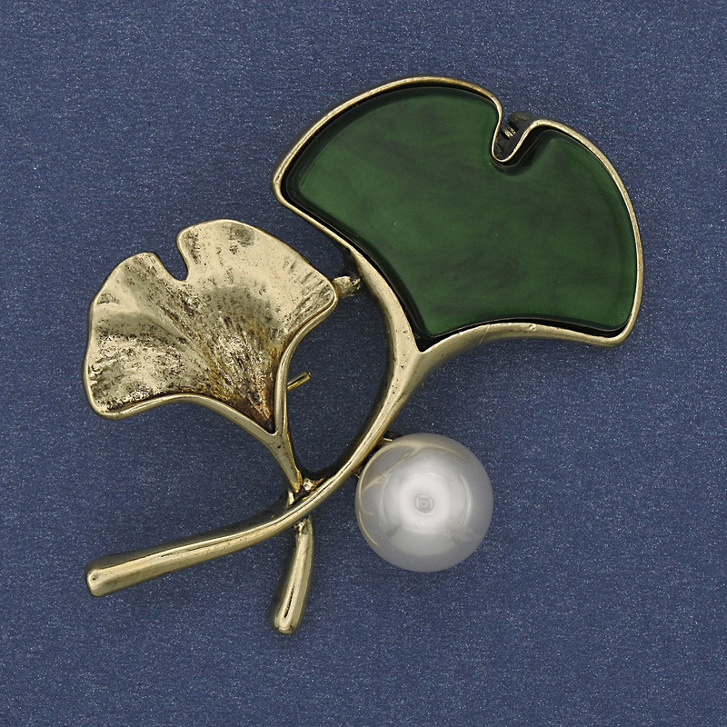 Twig Brooch Green Colour with Pearl Gold-Tone Metal 48x38mm+
