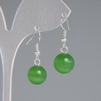 Earrings Green Cat's Eye Smooth Round Bead, diameter 12mm±, length 30mm±, silver metal