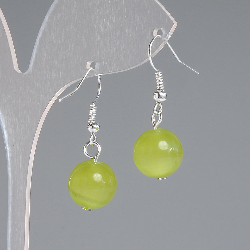 Earrings Olive Cat's Eye Smooth Ball, diameter 11.5mm+-, length 30mm+-, silver metal