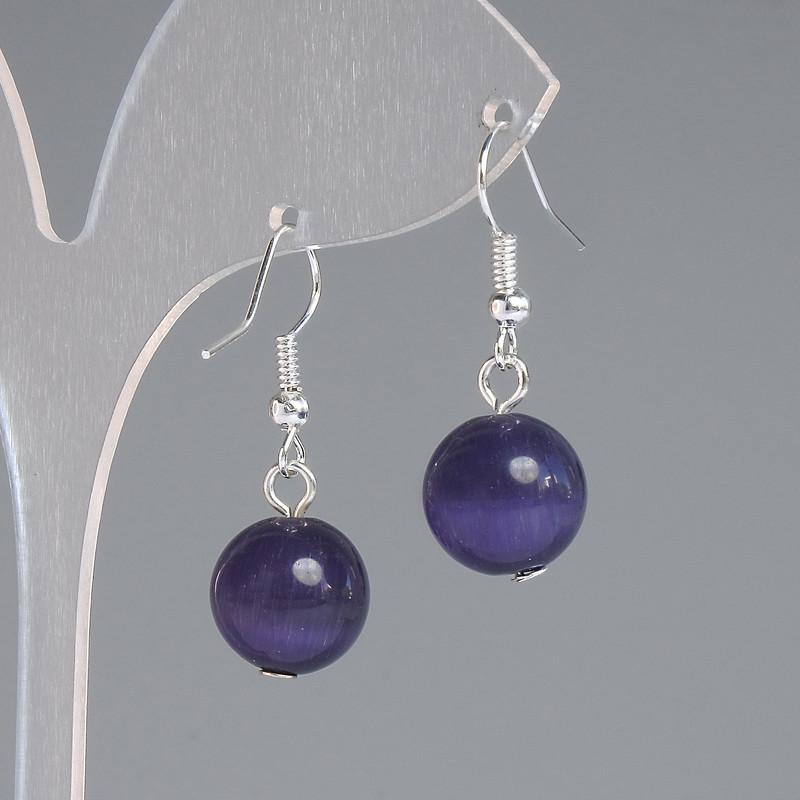 Earrings Purple Cat's Eye Smooth Bead, diameter 11.5mm ±, length 30mm ±, silver metal