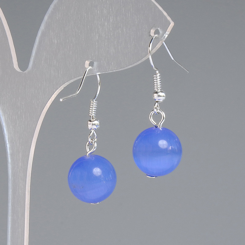 Earrings Blue Cat's Eye Smooth Bead, diameter 12mm±, length 30mm±, silver metal