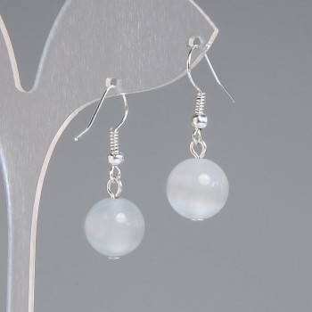 Earrings Gray Cat's Eye Smooth Bead, diameter 11mm±, length 30mm±, silver metal