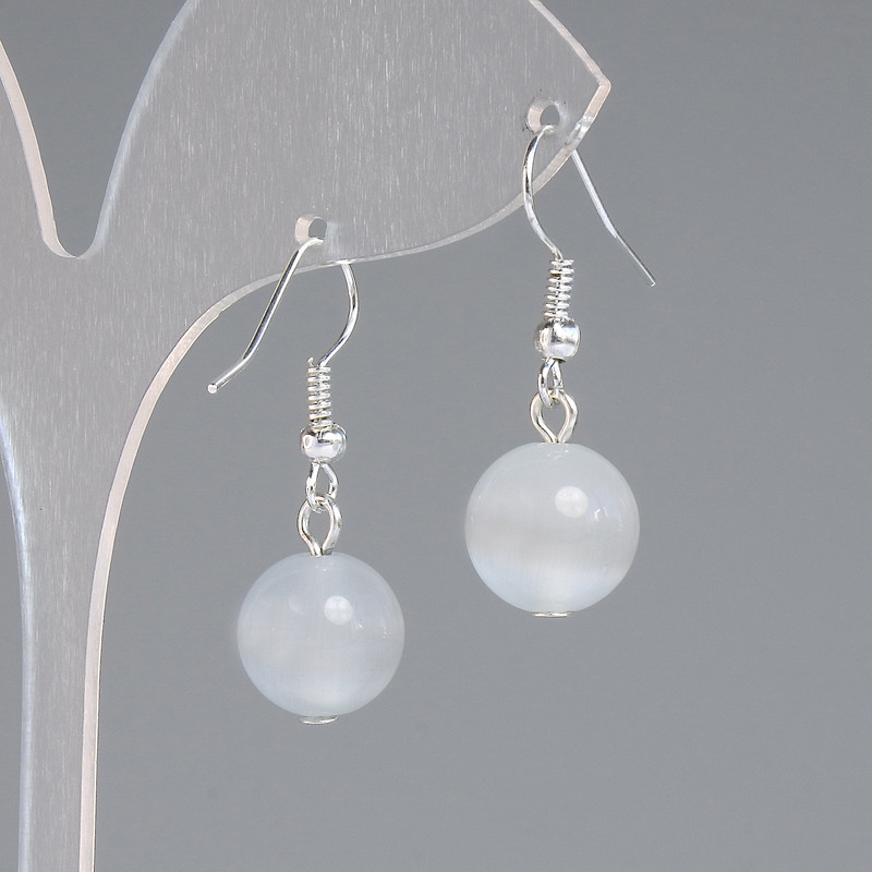 Earrings Gray Cat's Eye Smooth Bead, diameter 11mm±, length 30mm±, silver metal