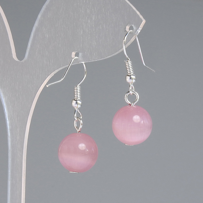 Pink Cat's Eye Bead Smooth Ball, diameter 11.5 mm ±, length 30 mm ±, silver metal