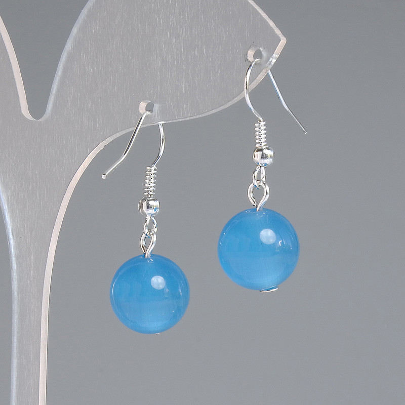 Earrings Azure Cat's Eye Smooth Bead, diameter 11.5mm±, length 30mm±, Silvered metal