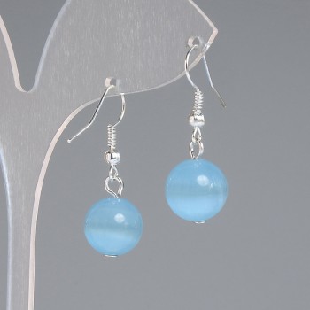 Blue Cat's Eye Earrings, smooth ball, diameter 11.5mm+-, length 30mm+- silver-tone metal