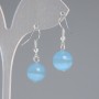 Blue Cat's Eye Earrings, smooth ball, diameter 11.5mm+-, length 30mm+- silver-tone metal