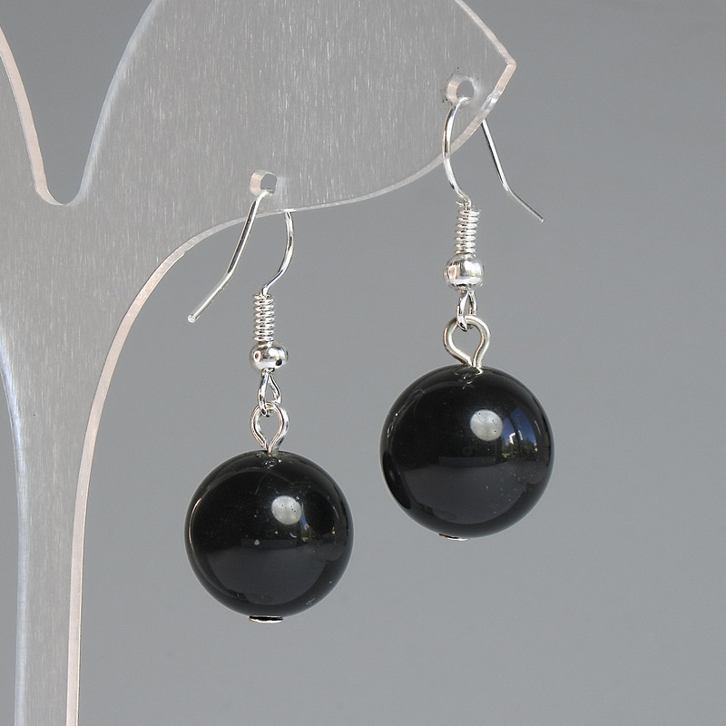 Golden Sheen Obsidian Earrings, smooth ball, diameter 14mm+-, length 32mm+- silver-tone metal