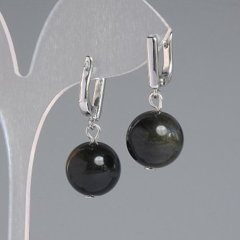 Golden Sheen Obsidian Earrings, smooth ball, diameter 14mm+-, length 32mm+- silver-tone metal