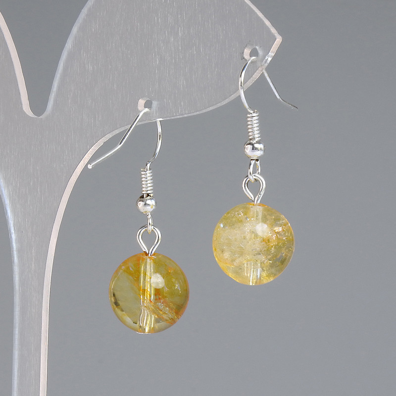 Citrine Earrings Smooth Ball, Diameter 12mm+/-, Length 30mm+/- Silver-Tone Metal