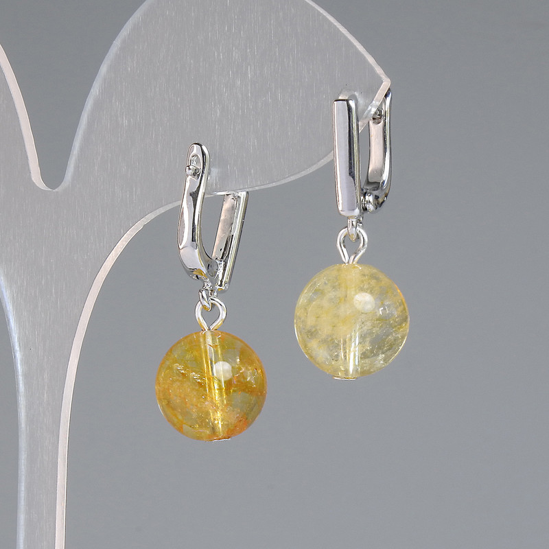 Earrings Citrine smooth ball, diameter 12mm±, length 30mm± silver metal