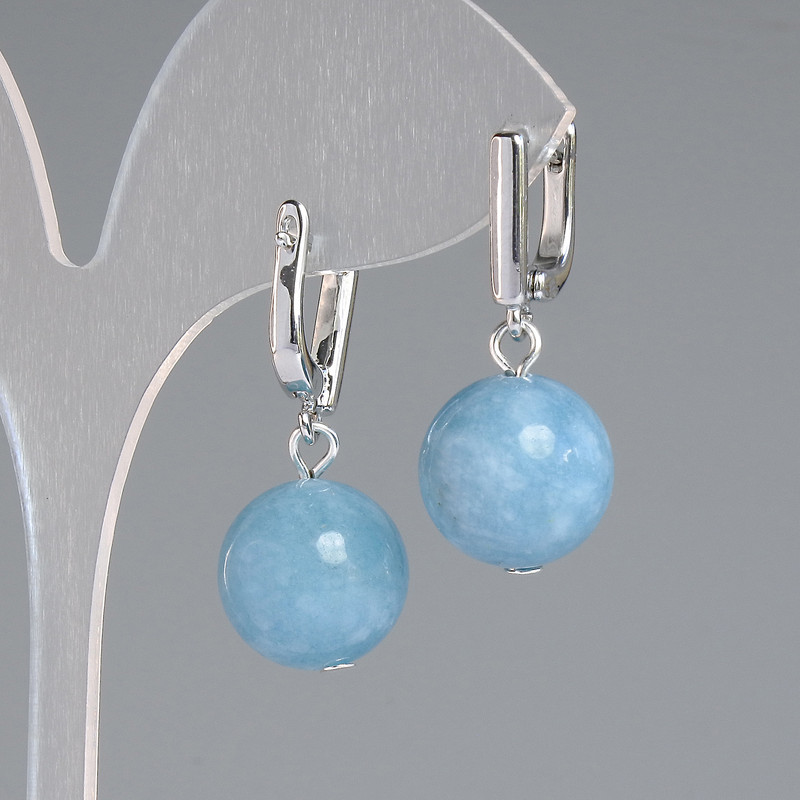 Aquamarine Earrings natural stone smooth bead, diameter 14mm±, length 32mm± silver metal