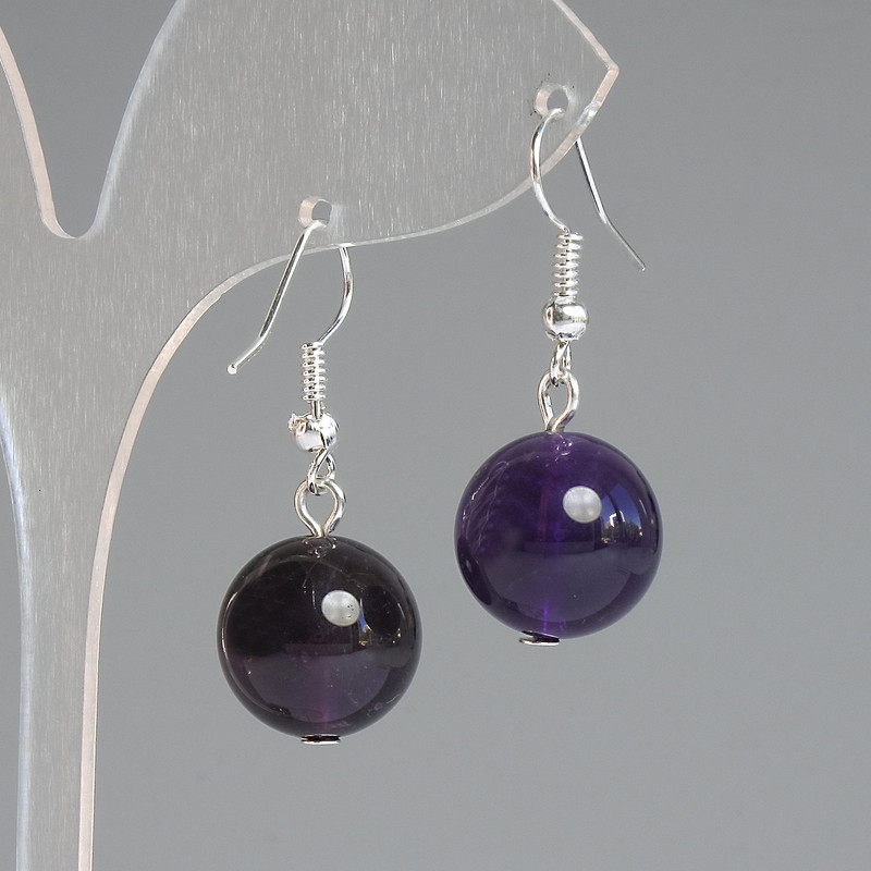Earrings Amethyst natural stone smooth bead, diameter 14mm±, length 32mm± silver metal