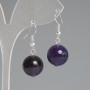Earrings Amethyst natural stone smooth bead, diameter 14mm±, length 32mm± silver metal