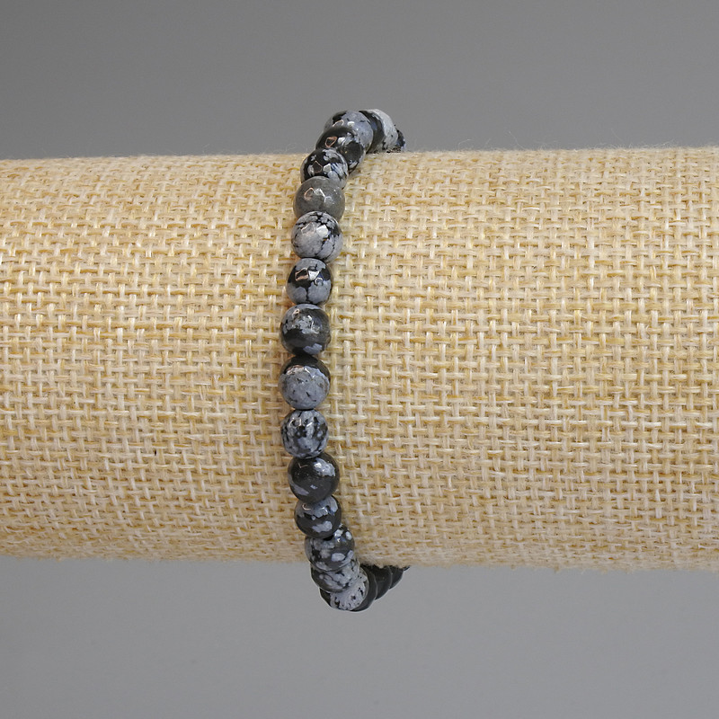 Bracelet Snowy Obsidian Faceted Bead 6mm+-, length 18cm+- stretch