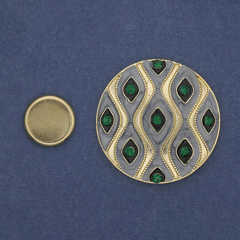 Magnetic Brooch Accent Green Rhinestones 40mm+- Grey Enamel Gold-Tone Metal