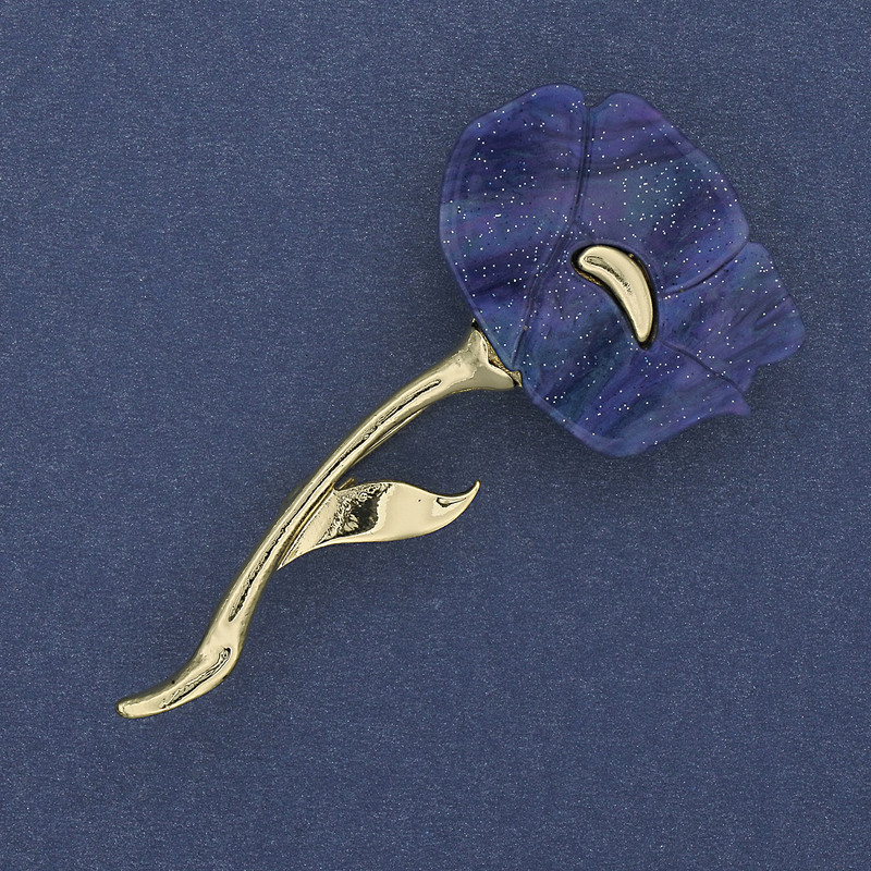 Poppy Flower Brooch, Blue Pearlescent, 63x32mm+- Gold-tone Metal