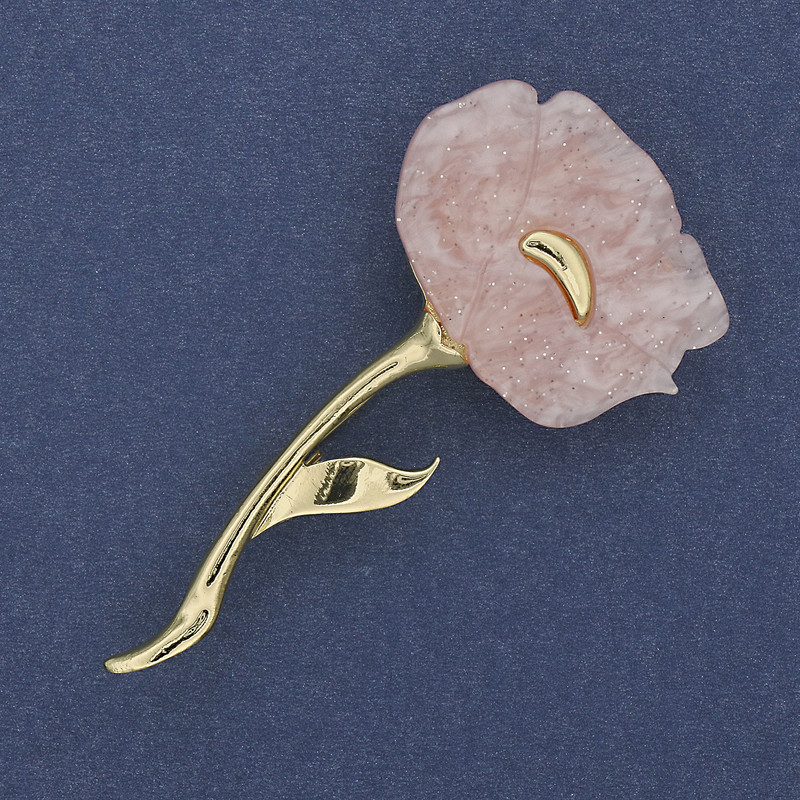 Poppy Flower Brooch, Pink Pearlescent, 63x32mm+- Gold-tone Metal