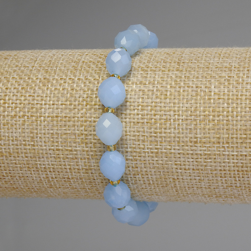 Aquamarine Beaded Bracelet 10x8 mm faceted grains, 5 mm+ seed beads, 18 cm length stretch