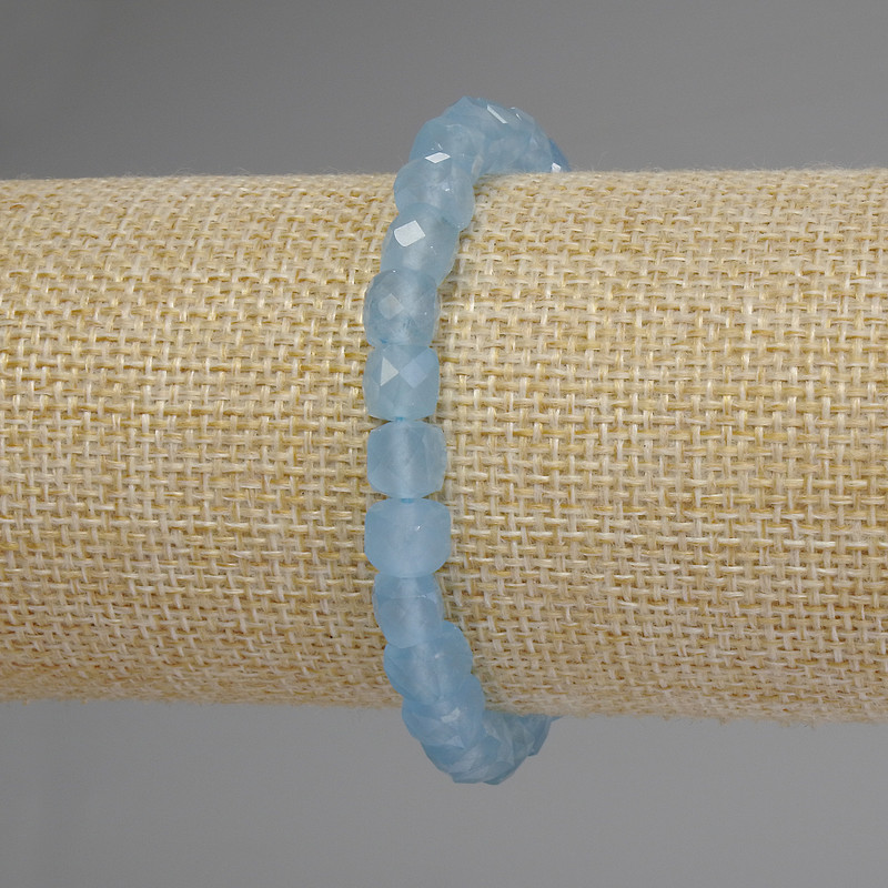 Aquamarine Beaded Cube Bracelet, 7x7mm, 18cm Stretch Length