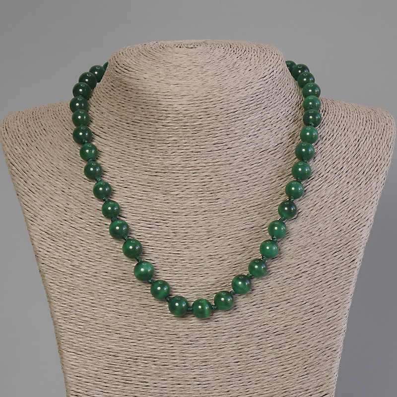 Necklace Green Cat's Eye Smooth Bead, diameter 9mm±, length 50cm± with clasp