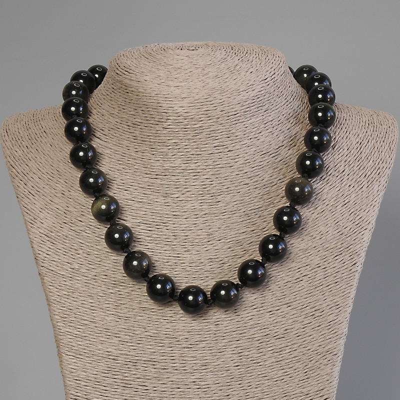 Sunstone Obsidian Smooth Bead Necklace, 14mm diameter, length 50cm ± with clasp