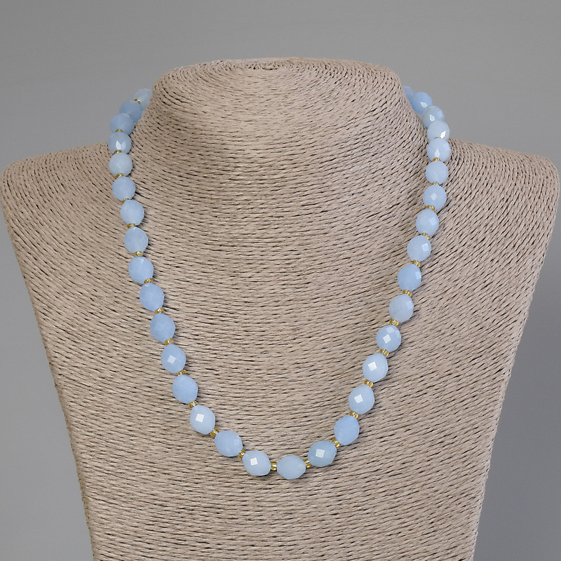 Aquamarine Bead Necklace, Faceted Grain, 10x8 mm diamonds, 5 mm+-, length 50 cm +- with clasp