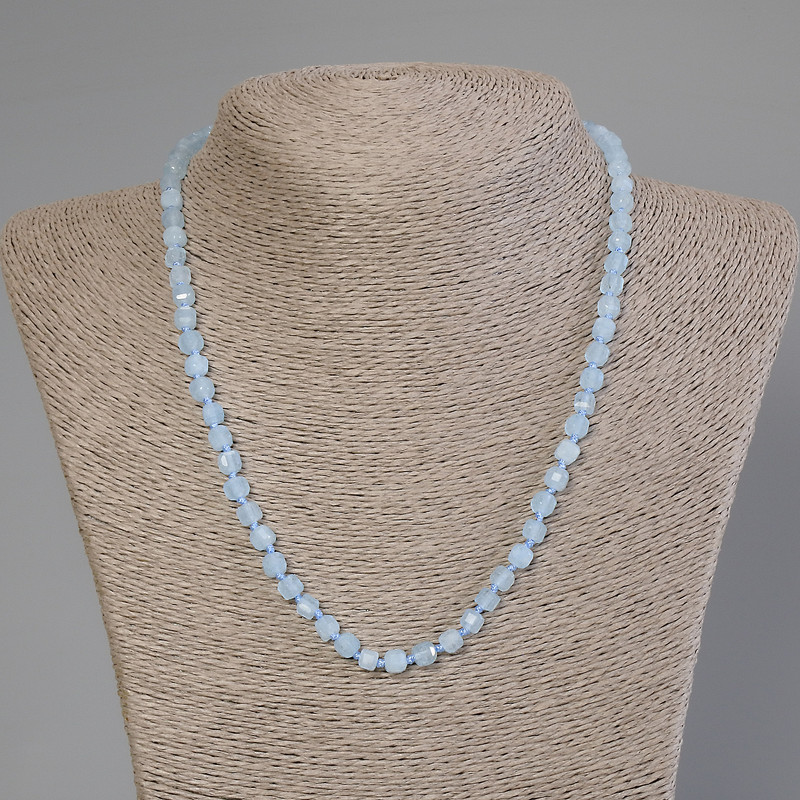 Aquamarine Bead Necklace with Faceted Cube, 5x5mm, approx. 50cm length with clasp