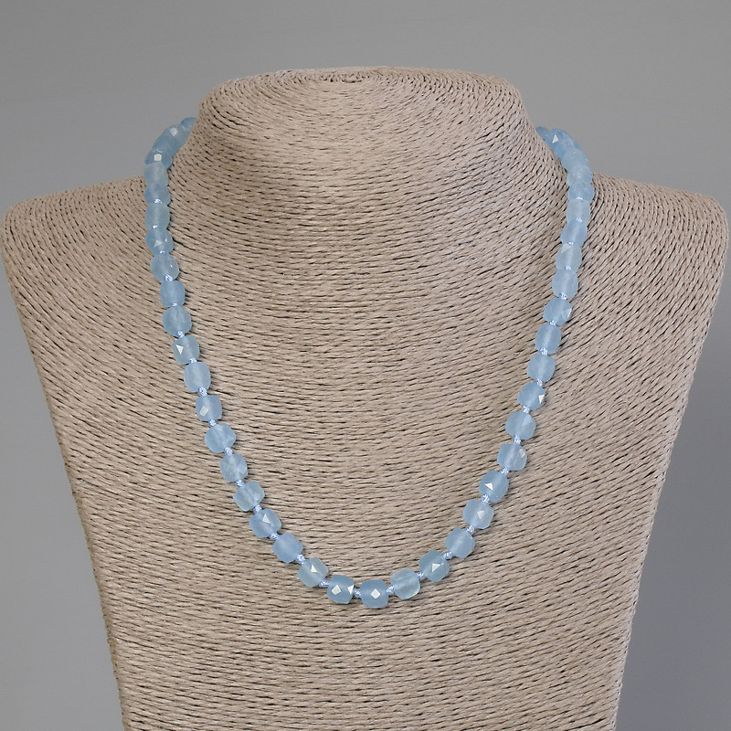 Aquamarine Bead Necklace with Faceted Cubes, 7x7mm, approx. 50cm length with clasp