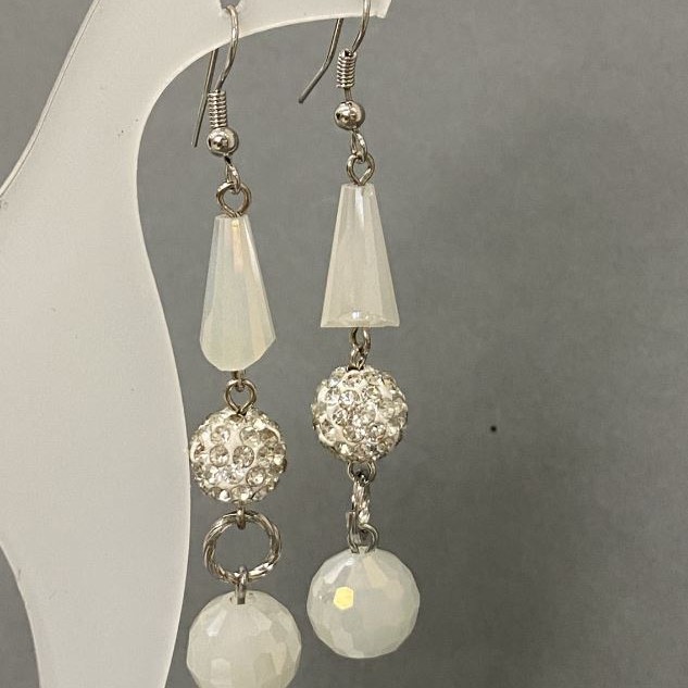 Evening Earrings with Czech Crystals - white matte with petrol spray, 7 cm length