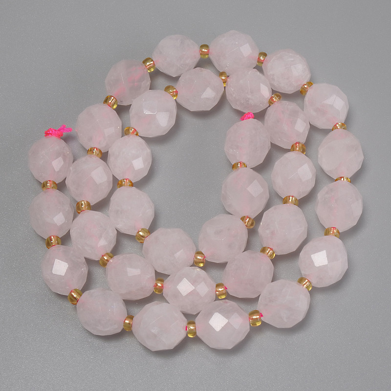 Rose Quartz Faceted Grain Beads, diameter 10x9mm+-, seed beads 3mm+-, length 39cm+- on a thread