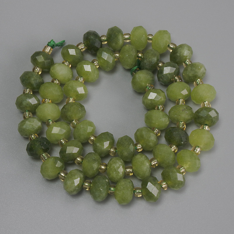Jadeite Beads Faceted Rondelle, diameter 8x5.5mm+-, seed beads 3mm+-, length 37cm+- on a thread