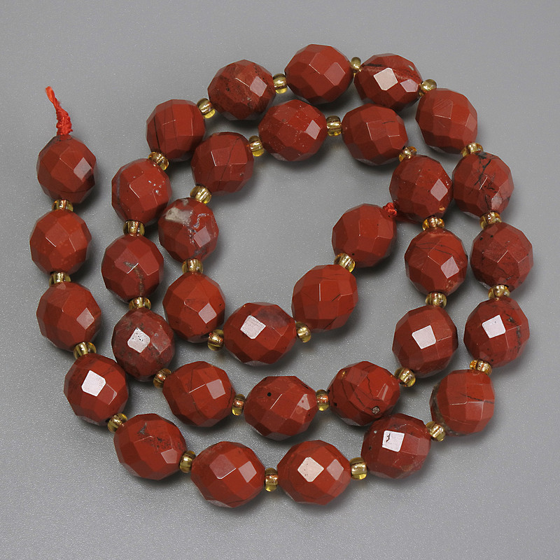Red Jasper Beads Faceted Nugget, diameter 10x9mm+-, seed beads 3mm+-, length 39cm+- on a thread