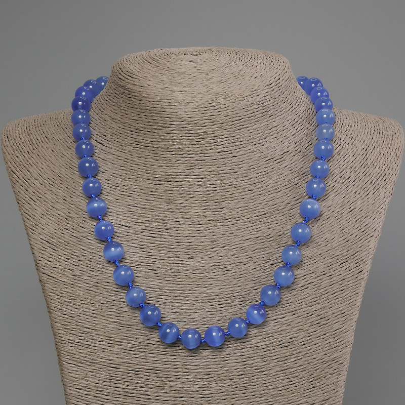 Blue Cat's Eye Necklace, smooth bead, diameter 9mm+-, length 50cm +- with clasp