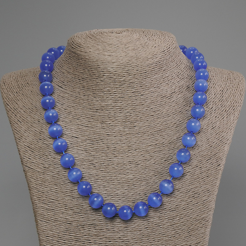 Blue Cat's Eye Necklace, smooth bead, diameter 11mm+-, length 50cm +- with clasp