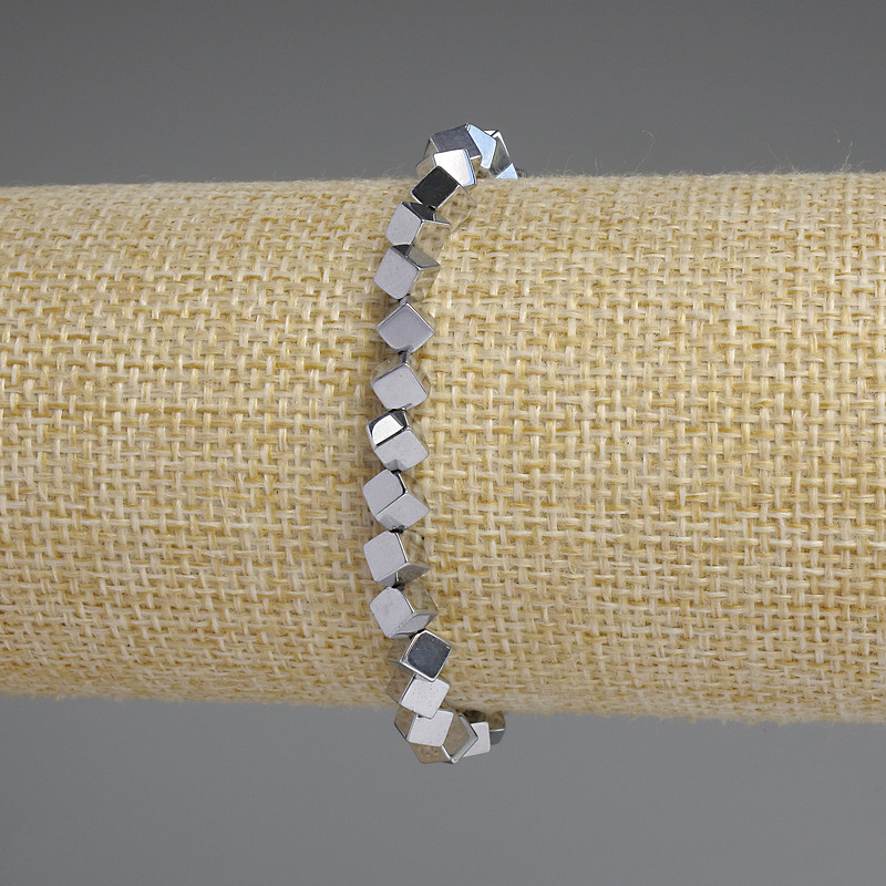 Hematite Cube Bracelet with Cross-Drilled Hole, Silver Colour 4x4mm+-, length 18cm+- stretch