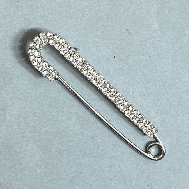 Brooch Pin, white rhinestones 72x18mm, metal colour "silver"