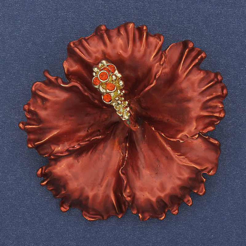 Brooch Pendant Petunia Flower Red Matte Enamel Red Rhinestones Gold-Tone Metal 51x51mm+