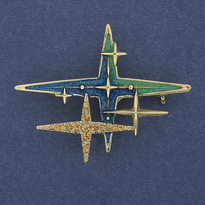Brooch Accent Star Yellow Rhinestones Blue Enamel Gold-Tone Metal 35x46mm+