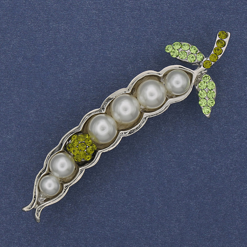 Brooch Bean Pod Green Rhinestones Pearls Silver-Tone Metal 19x62mm+