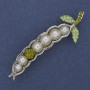 Brooch Bean Pod Green Rhinestones Pearls Silver-Tone Metal 19x62mm+