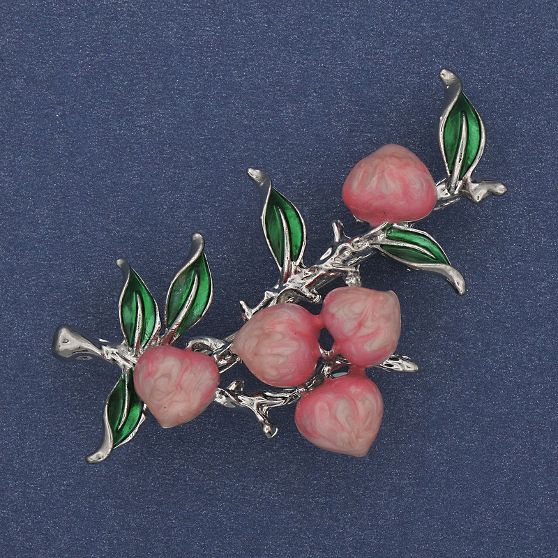 Brooch Exotic Fruit Pink and Green Enamel Silver-Tone Metal 28x45mm+