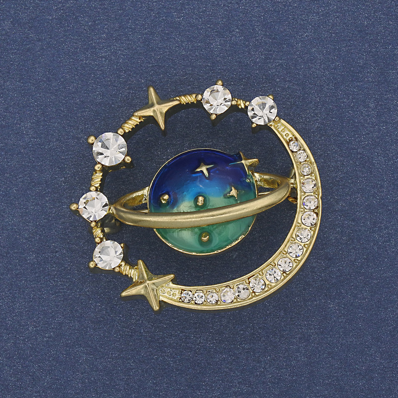 Brooch Planet Enamel White Rhinestones Gold-Tone Metal 30mm+