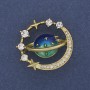 Brooch Planet Enamel White Rhinestones Gold-Tone Metal 30mm+