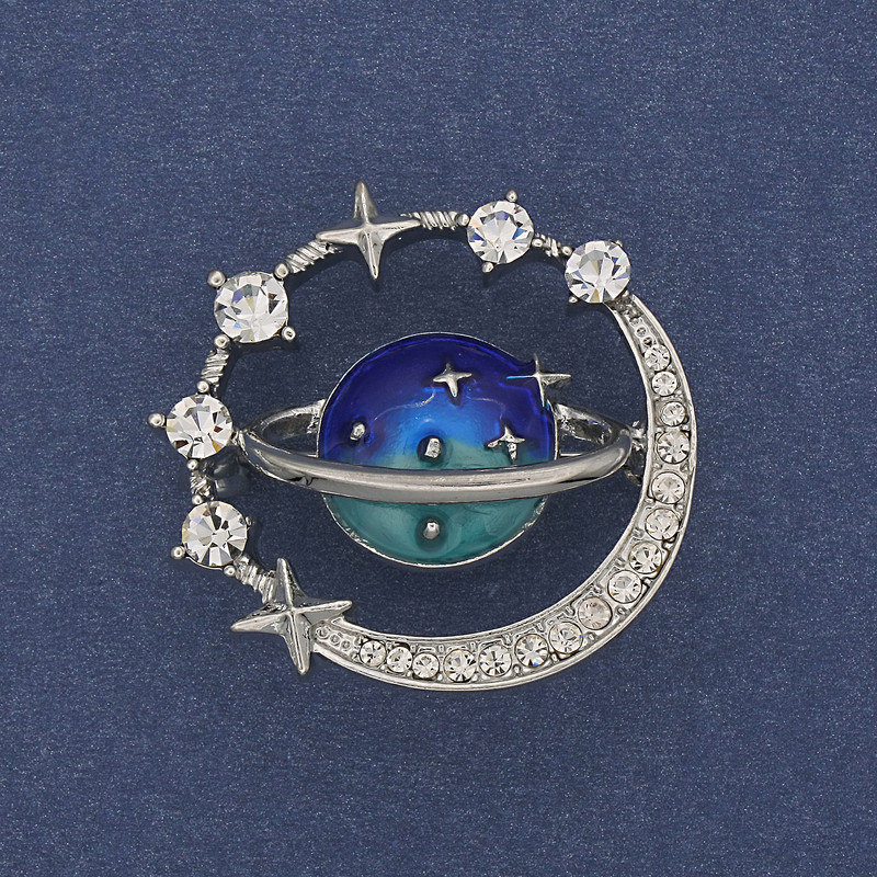 Planet Brooch Enamel White Rhinestones Silver-Tone Metal 30mm+