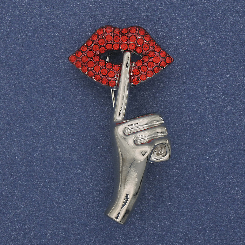 Brooch Accent Red Rhinestones Silver-Tone Metal 45x24mm+
