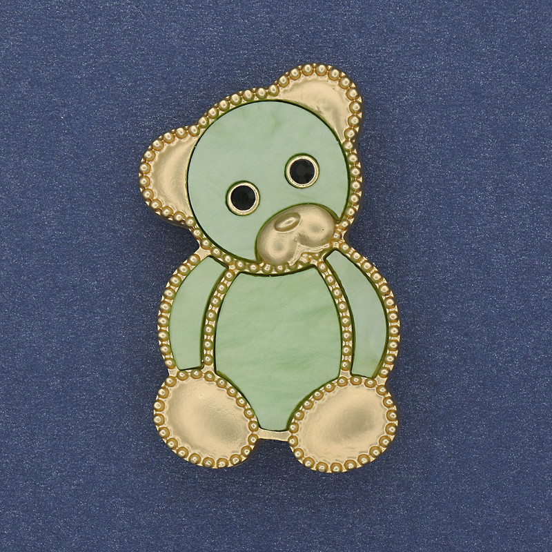 Brooch Pendant Teddy Bear Light Green Pearlescent Gold-Tone Metal 38x24mm+
