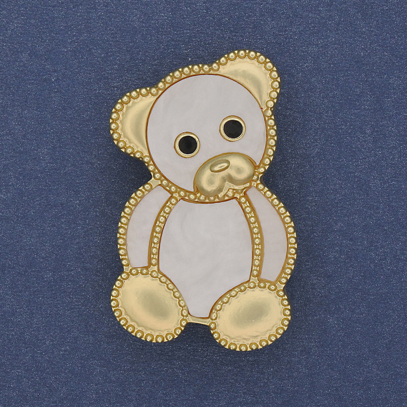 Teddy Bear Brooch Pendant White Pearlescent Gold-Tone Metal 38x24mm+