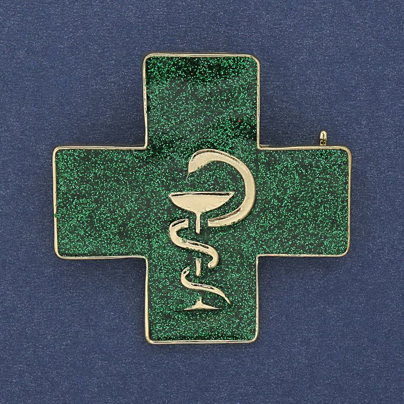 Cross with Snake over Bowl Brooch Pendant Green Enamel Gold-Tone Metal 38x38mm+